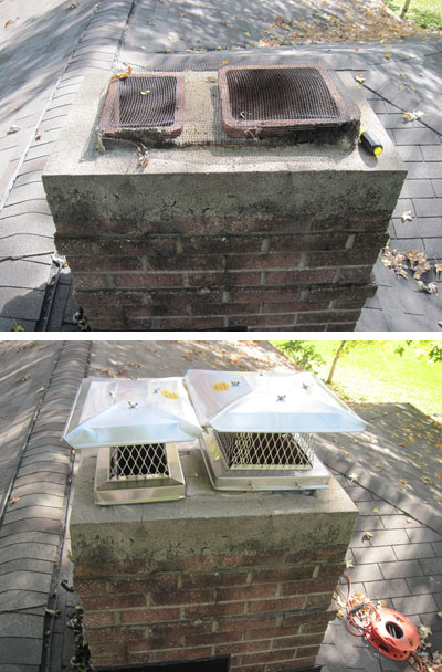 Before and After chimney cap replacement on chimney top image is the before with no caps, the bottom is after the silver caps were added