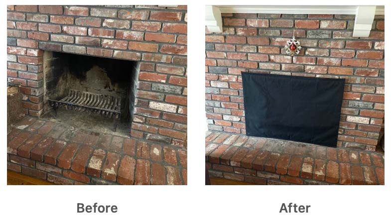 Two pictures of fireplaces the one of the left is the before and the right is after with fireplace closed off