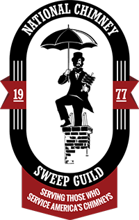 drawing of man sitting on chimney in suit and top hat holding an umbrella The writing around him says National Chimney Sweep Guild service thos who service america's chimneys 1977