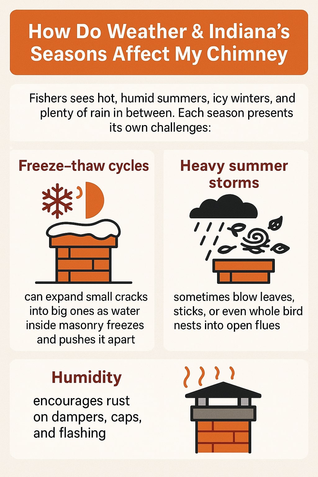 original infographic with a warm orange and white background is titled “How Do Weather & Indiana’s Seasons Affect My Chimney” in large bold white text on a dark orange banner. Below, text explains that Fishers experiences hot, humid summers, icy winters, and rain, each bringing chimney challenges. Three illustrated sections follow: “Freeze–thaw cycles” shows a snowflake, sun, and a chimney with snow on top, with text noting small cracks expand when water freezes inside masonry. “Heavy summer storms” has a black rain cloud, raindrops, wind swirl, leaves, and a chimney, with text explaining storms can blow debris or bird nests into flues. “Humidity” has a brick chimney with a black cap emitting wavy heat-like lines, with text explaining humidity causes rust on dampers, caps, and flashing. The design uses icons in black, orange, and white with clear headings in dark red.<br />
