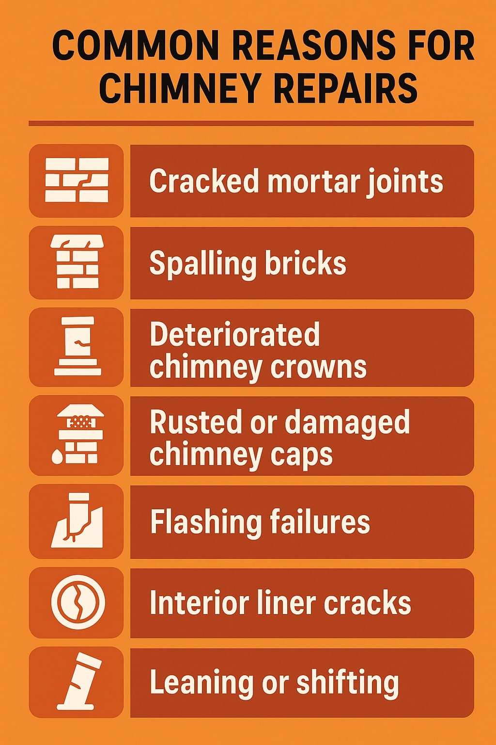 original infographic showing an orange background with a bold black title at the top reading “COMMON REASONS FOR CHIMNEY REPAIRS,” followed by a horizontal line and a vertical list of seven rectangular sections in darker orange, each paired with a white icon inside a rounded square on the left; the listed issues include cracked mortar joints with a brick-pattern icon, spalling bricks with a crumbling brick stack icon, deteriorated chimney crowns with a worn crown icon, rusted or damaged chimney caps with a cap shedding droplets icon, flashing failures with a damaged flashing icon, interior liner cracks with a circular cracked-liner icon, and leaning or shifting with a tilted chimney icon, all in clean white text and simple graphic style.